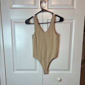Neutral Beige Ribbed Womens Bodysuit S/M